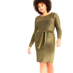 Eloquii Gold Stretch Lurex Long Sleeve Dress Shimmer Glam 22 Tie Belt Old Money